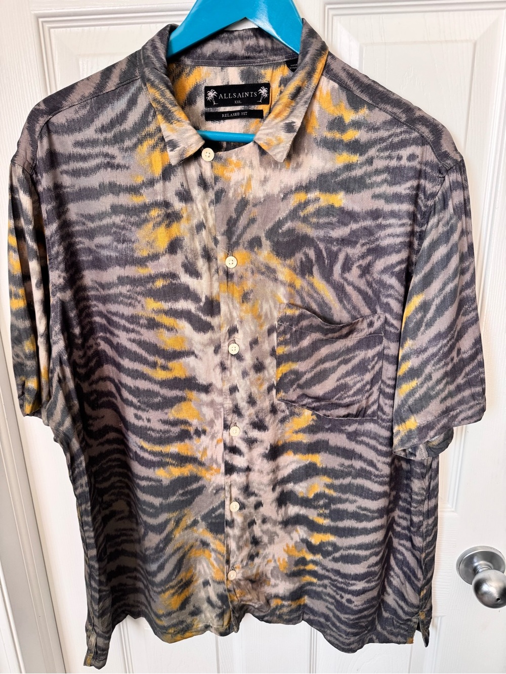 Mens All Saints Baikal Animal Print Button Up Shirt Size XXL Relaxed Fit